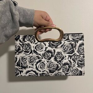 Floral Black and White Clutch with Gold Handle